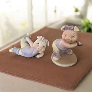Vintage George Good Set Of 2 Exercising Pig Piggy Porcelain Figurines Taiwan